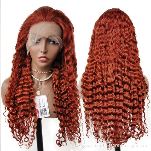 Wholesale Colored Deep Wave Virgin Brazilian Hair Wigs Human Hair Lace Front Burnt Orange Wig Transparent HD Lace Frontal Wig